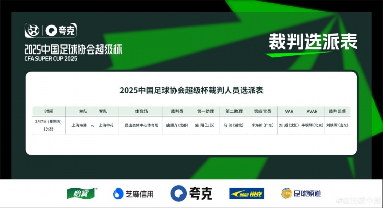  超級杯海港vs申花裁判員名單：主裁判唐順齊，VAR劉威