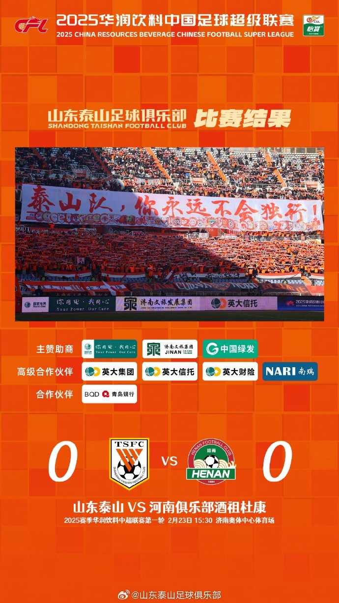  中超首戰，泰山隊雖未取勝，但全隊展現出了頑強的拼搏精神