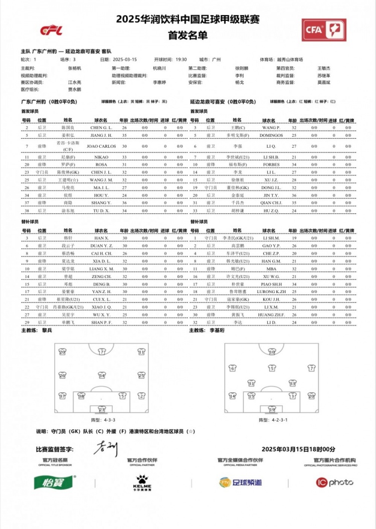  廣州豹vs延邊龍鼎首發(fā)：卡洛斯、羅薩、尼康三外援領(lǐng)銜廣州豹